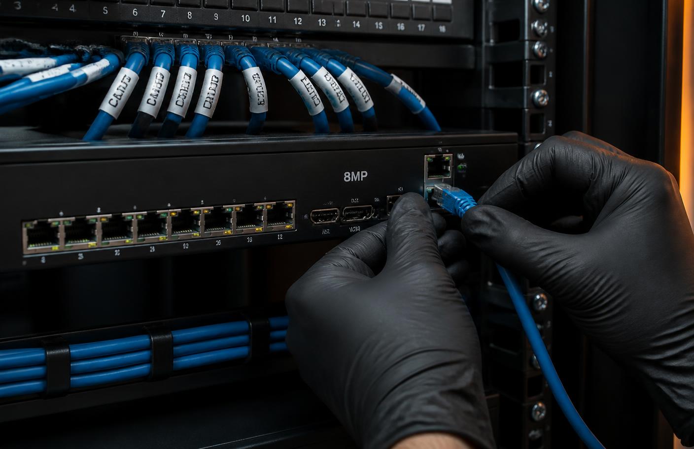 Manutenção de rack com DVR e cabeamento estruturado de CFTV